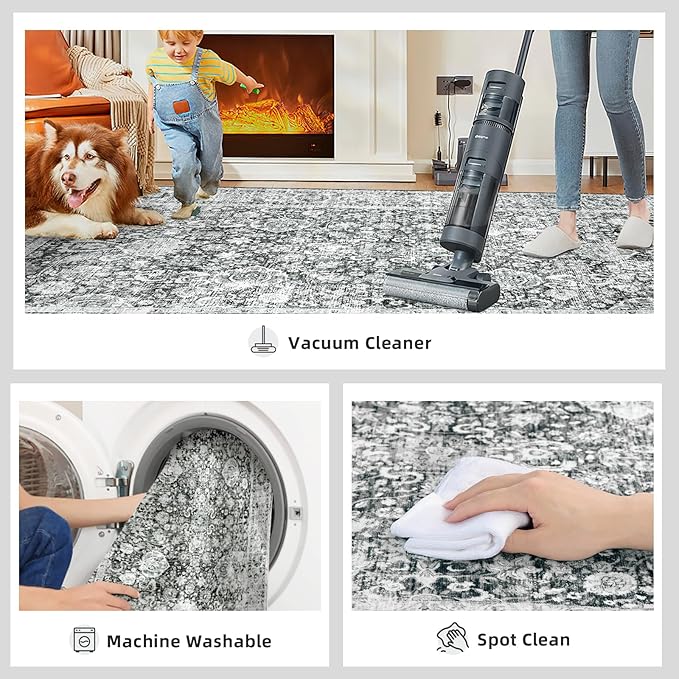 Grey Rug Runner 3x7 Ft Washable Hallway Runner Rug Runner Non-Slip Boho Vintage Runner Rugs with Rubber Backing Soft Distressed Carpet for Kitchen Bedroom