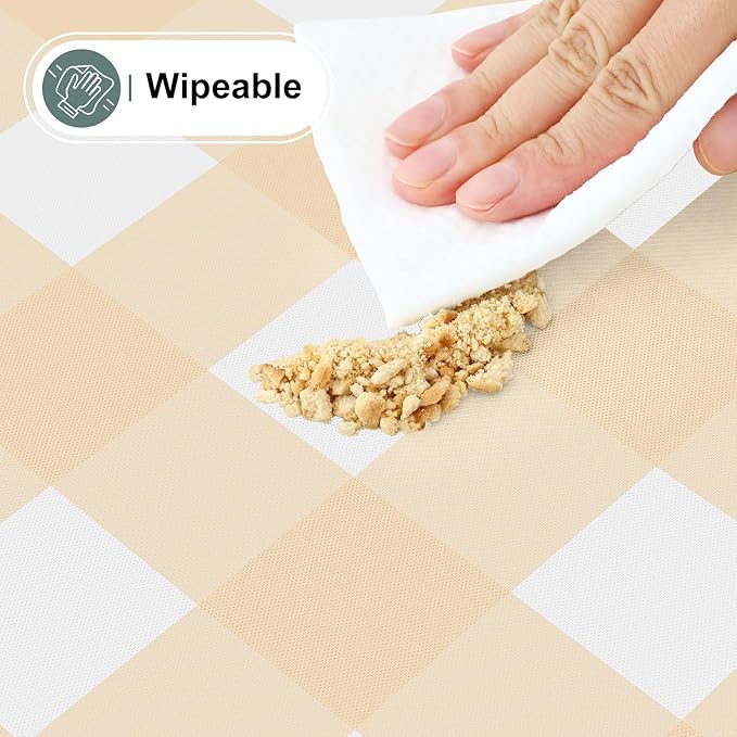 misaya Rectangle Waterproof Vinyl Table Cloth, Buffalo Flannel Backed Tablecloth, Wipeable Plastic Table Cover for Dinner, Kitchen, Outdoor (52" x 70", Beige and White)