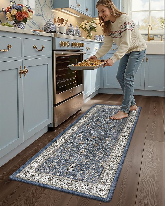 Color&Geometry Anti Fatigue Kitchen Mats for Floor 24x59, Vintage Decor, Easy Clean, Waterproof & Oil Proof, 0.4" Thick Cushioned, Non-Slip Kitchen Runner Rug for Sink, Laundry, Office, Blue