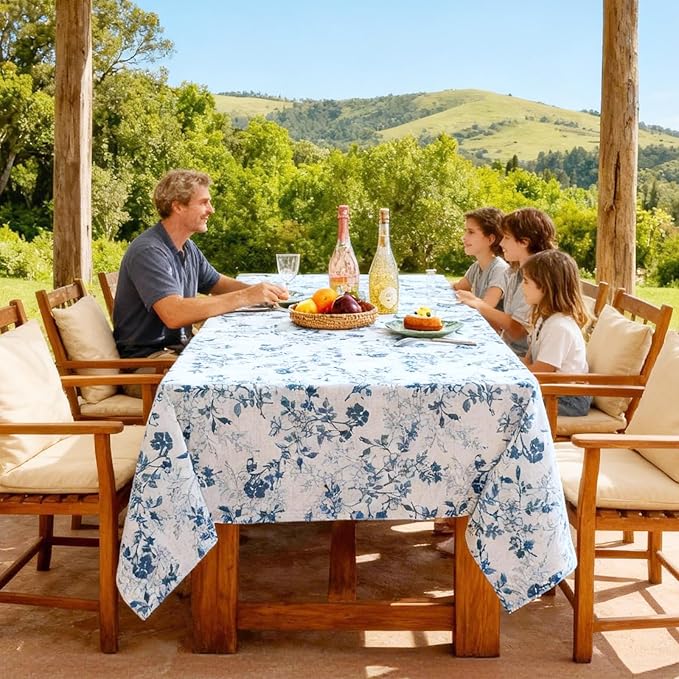 H.VERSAILTEX Linen Table Cloths Floral Printed Tablecloth Spill-Proof Waterproof Table Cover for Dining Buffet Feature Soft and Thick Fabric Wrinkle Free, 60 x 104 Inch, Retro Floral - Stone Blue