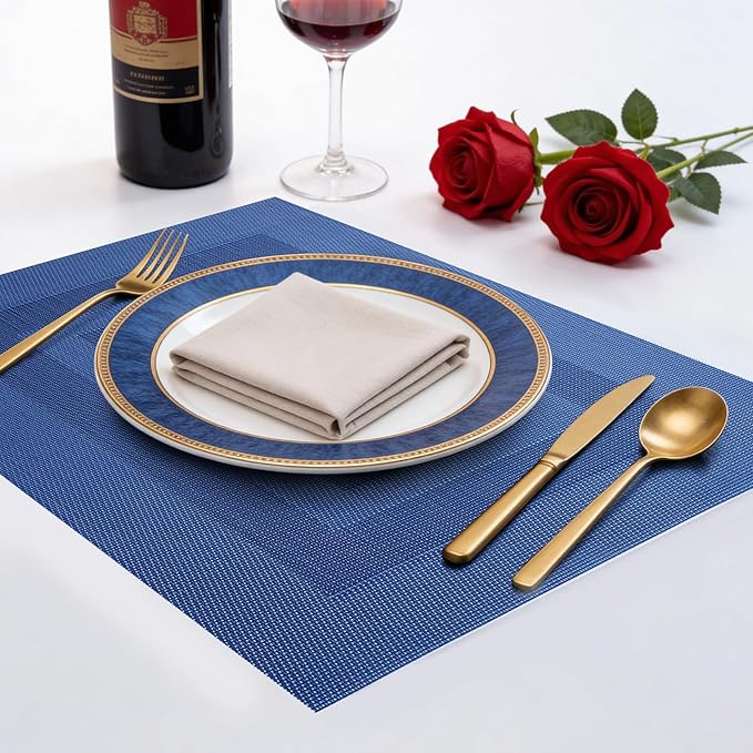 Timeet Blue Placemats Set of 4, Heat Resistant Non-Slip Place Mats, Durable Washable PVC Vinyl Woven Table Mats, Wipeable Placemats for Dining Table Easy to Clean