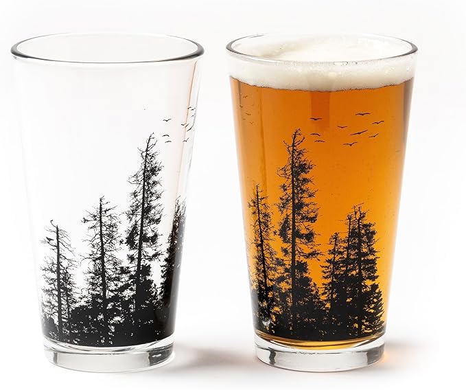 Black Lantern Pine Tree Forest Pint Glass Single 16oz Nature Beer Glass for Outdoor & Craft Brew Lovers