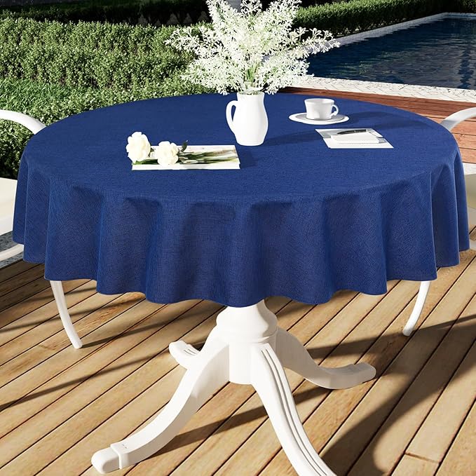 Smiry Round Faux Linen Table Cloth, Waterproof Burlap Fabric Tablecloth, Washable Decorative Farmhouse Table Covers for Kitchen, Dining, Parties, 60x60, Indigo