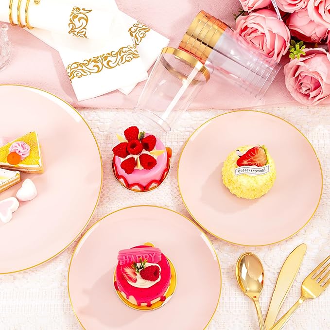 YOUBET 175PCS Pink Plastic Plates - Pink and Gold Disposable Plates Include 50 Plastic Plate, 75 Silverware, 25 Cups, 25 Napkins for Wedding & Party & Birthday Valentines Day