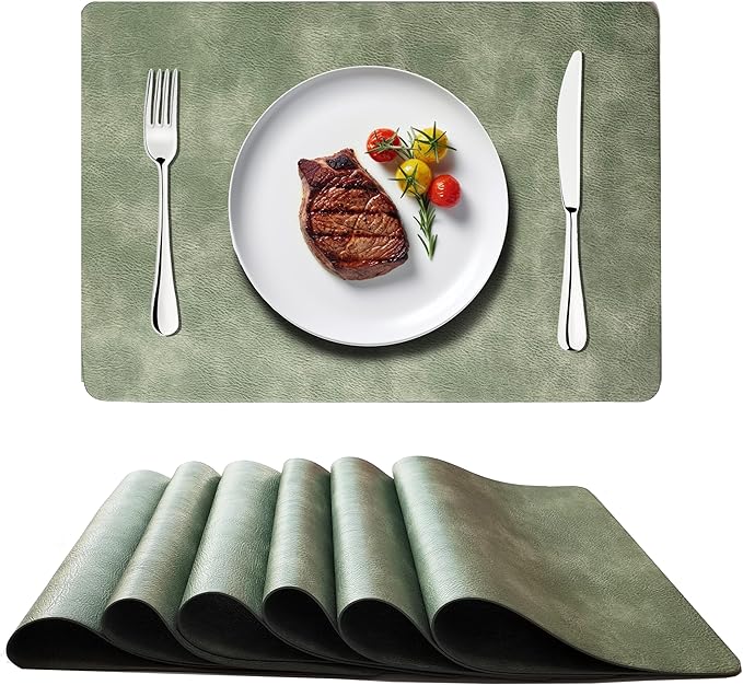 Cowhide Pattern PU Leather Placemats Set of 6 Heat Resistant Kitchen Table Mats, Non-Slip Dining Table Decorations, Double-Sides Waterproof Wipeable Place mats(Green)