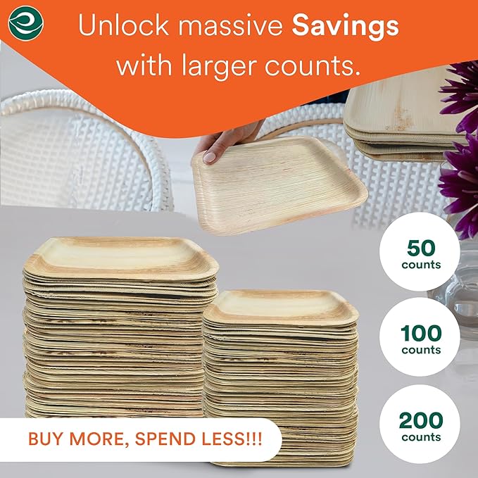 ECO SOUL Palm Leaf Square Plates 7" & 10" (100 Count) Compostable|Biodegradable| Eco-Friendly Disposable Party Plates for Appetizers - Dinner Parties, Wedding & Events
