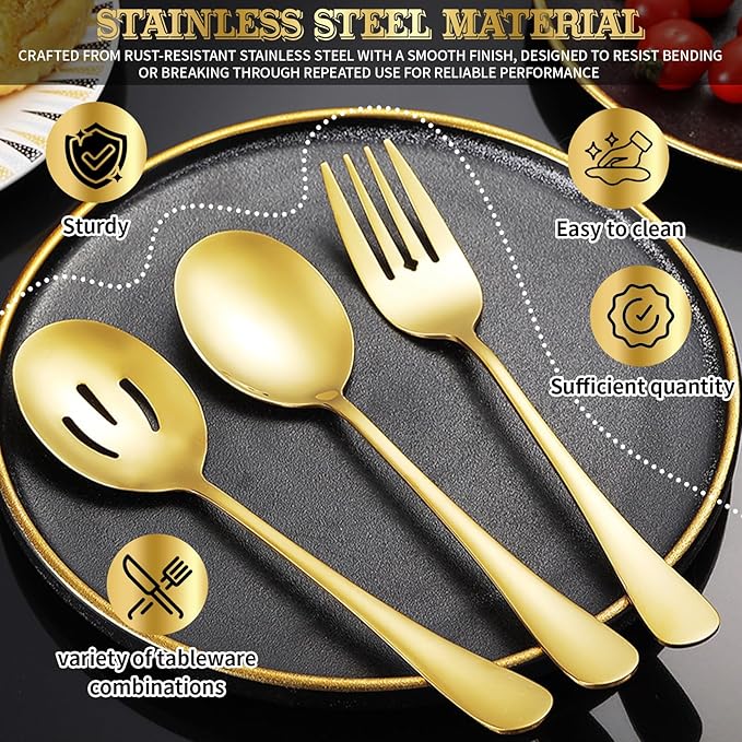 32Pcs Serving Utensils Set Serving Spoons, Buffet Tongs, Cake Spatula, Forks, Perforated Ladles, Soup Scoops, Skimmers and Black Heavy-Duty Serving Tongs (GOLD)