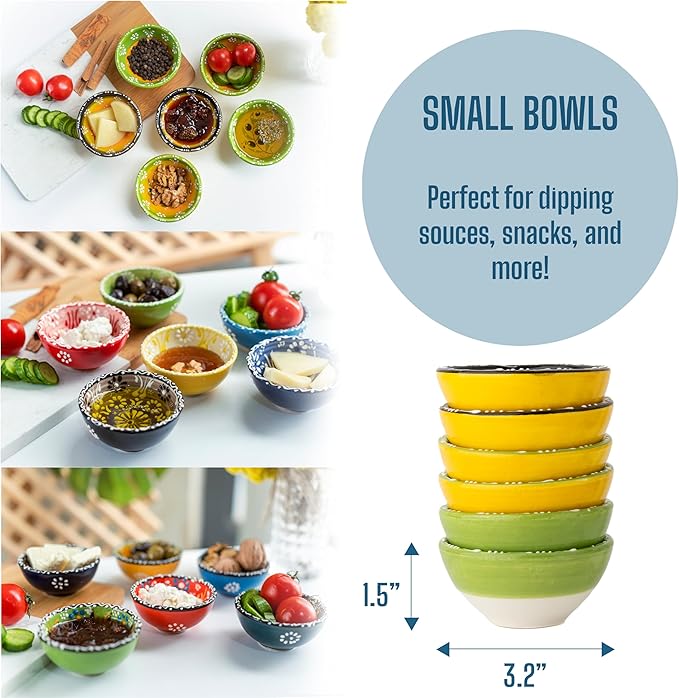 Ceramic Small Dipping Bowls Set of 6, 3.5 Oz Soy Sauce Dish, Handmade Charcuterie, Colorful Pinch, Dishwasher & Microwave Safe Sauce, 3.2'' Mini (OLIVE BRANCH)