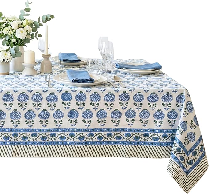 ATOSII Roma Blue 100% Cotton Boho Square Fall Tablecloth, Handblock Floral Print Table Cloth Linen for Kitchen Dining I Parties, Outdoors, Weddings, Christmas, Thanksgiving Decor 60 X 60 Inches
