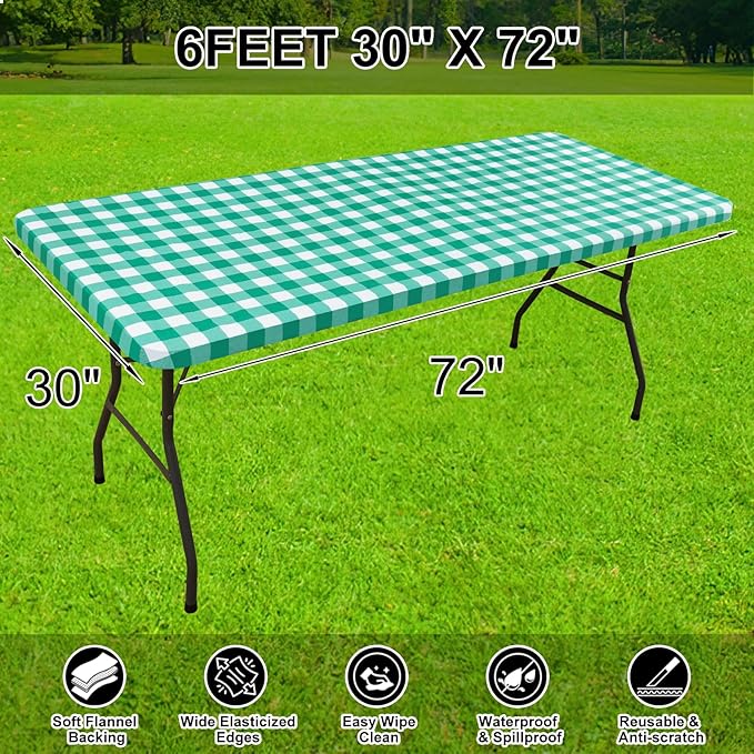 Smiry Rectangle Picnic Table Cloth, Elastic Waterproof Fitted Vinyl Tablecloths, Flannel Backed Buffalo Plaid Table Covers for Dining, Camping, Outdoor (White and Green, 30" x 72")