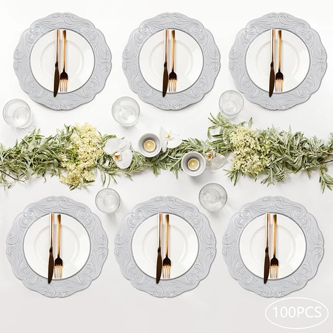 Charger Plates, 100pcs Silver 13inch Plastic Dinner Plate, Round Plastic Dinner Plate with Delicate Texture for Parties Wedding (Silver)