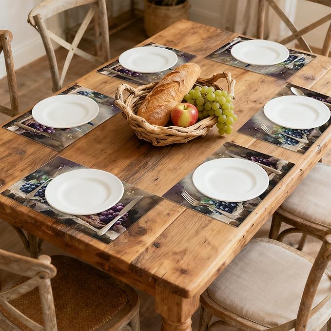 Wine Placemats, Red White Grapes Wooden Placemats 12x18 Inch Waterproof Non-Slip Washable Table Mats for Kitchen Dining Party Table Decor,Set of 6