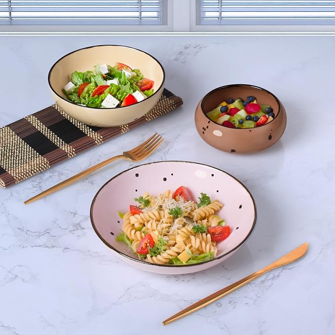 Esfour 8 Inch Porcelain Pasta Bowl, 23.6 Ounce Salad Bowls, Microwave & Dishwasher Safe, Sturdy & Stackable, Set of 6 Ceramic Bowl Plate Set, Wide Shallow Salad Bowls, Blossom Assorted Colors