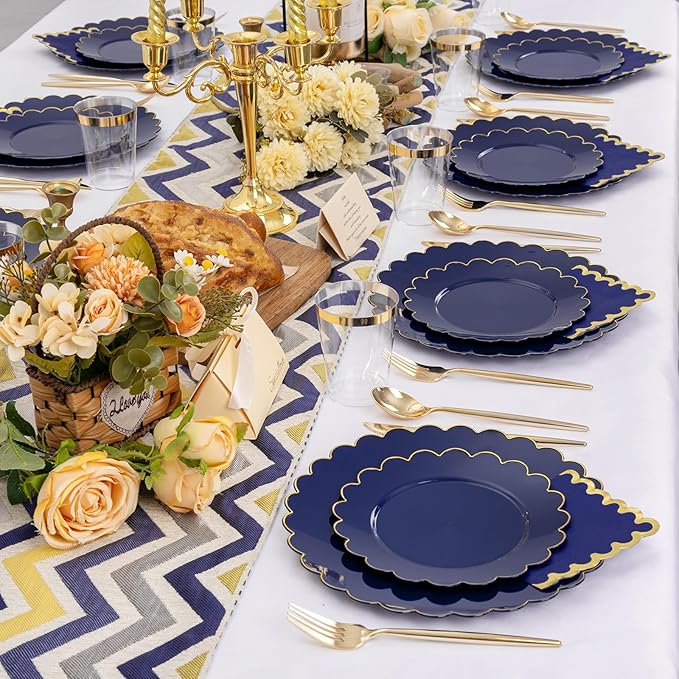 LIYH 210 Pcs Navy Blue Plates - Blue and Gold Plastic Scalloped Heavyduty Plates Disposable Dinnerware set, Gold Plastic Silverware for Wedding & Party 30 Guests