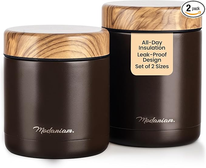 Stainless Steel Insulated Food Jar Set of 2 (16oz + 12oz) | Wide Mouth | Soup Thermo for Hot Food Lunch Container | Thermal LunchBox | Insulated Soup Bowl | Hot and Cold Lunch Box for Adults | Mocha