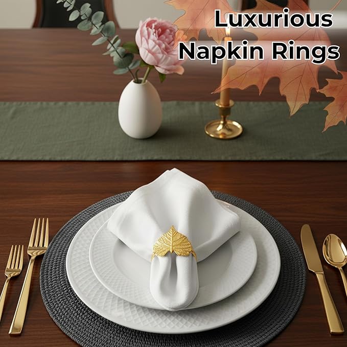 CLEENTABLE Elegant Handcrafted Leaf Napkin Rings - Set of 12 Premium Aluminum Holders for Dinner Parties, Weddings, Special Occasions & Everyday Dining (Gold)