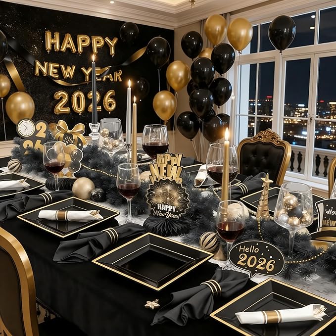 Liacere 100PCS Black and Gold Square Plastic Plates-50PCS Dinner Plate and 50PCS Dessert Plate-Durable Fancy Disposable Plates for Party & New Year & Martin Luther King Jr. Day