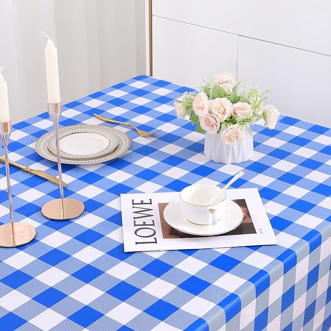 misaya Rectangle Waterproof Vinyl Table Cloth, Buffalo Flannel Backed Tablecloth, Wipeable Plastic Table Cover for Seaside, Picnic, Outdoor (60" x 84", White and Blue)