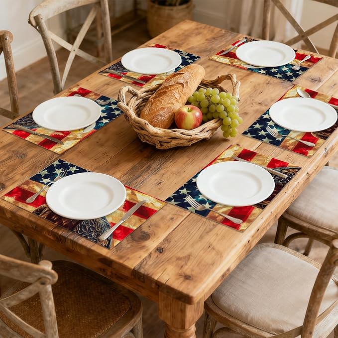 American Flag Placemats Set of 6, Linen Washable for Christmas, Thanksgiving, Party, and Daily Dining, Retro Eagle Decorative Table Mats for 4-6 Person Table