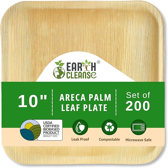 Palm Plates 10 Inch – Compostable Areca Leaf Square Plates (200 Count) | Biodegradable & Eco-Friendly | Like Bamboo Disposable Plates | Microwave & Oven Safe | USDA BioPreferred