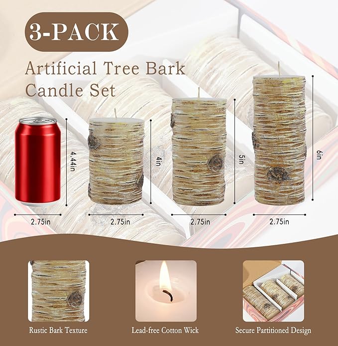 Birch Bark Texture Pillar Candles Set - Real Wax 3 Sizes (4", 5", 6" Tall) Rustic Decor Fireplace Candles, Unscented Woodland Style Pillar Candle for Modern Farmhouse, Dining Table, Holiday Decor