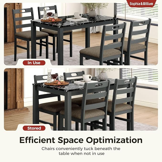 Sophia & William 5 Piece Dining Table Set for 4, Faux Marble Kitchen Table and Chairs Set, Solid Wood Farmhouse Dinner Table Set,Veined Black Marble & Gray