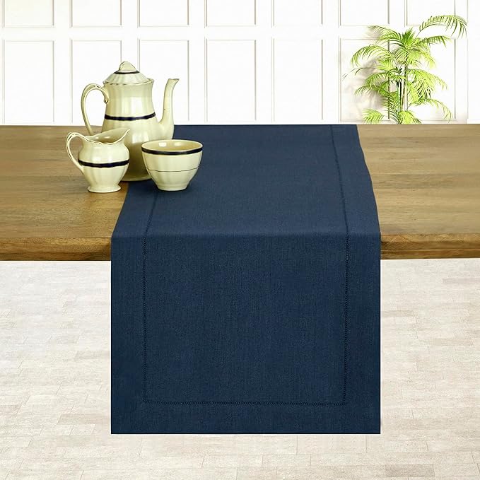 D'Moksha Homes Linen Navy Blue Table Runner 48 Inches - Classic Hemstitch, 100% Pure Linen Coffee Table Runner 14 x 48 Inch Ideal for Dresser Tables - Easter