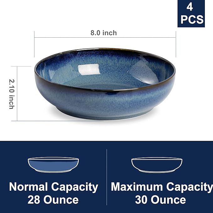 30oz Ceramic bowls set of 4-8" serving bowls for Kitchen,Pasta,Salad-Dishwasher & Microwave Safe Perfect for Housewarming, Thanksgiving, Christmas-Royal Blue
