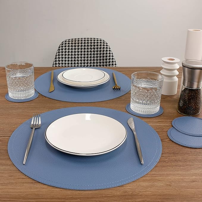 Jovono Set of 6 Faux Leather Round Placemats and Coasters, Coffee Mats Kitchen Table Mats, Waterproof, Easy to Clean for Kitchen Dining Round Table