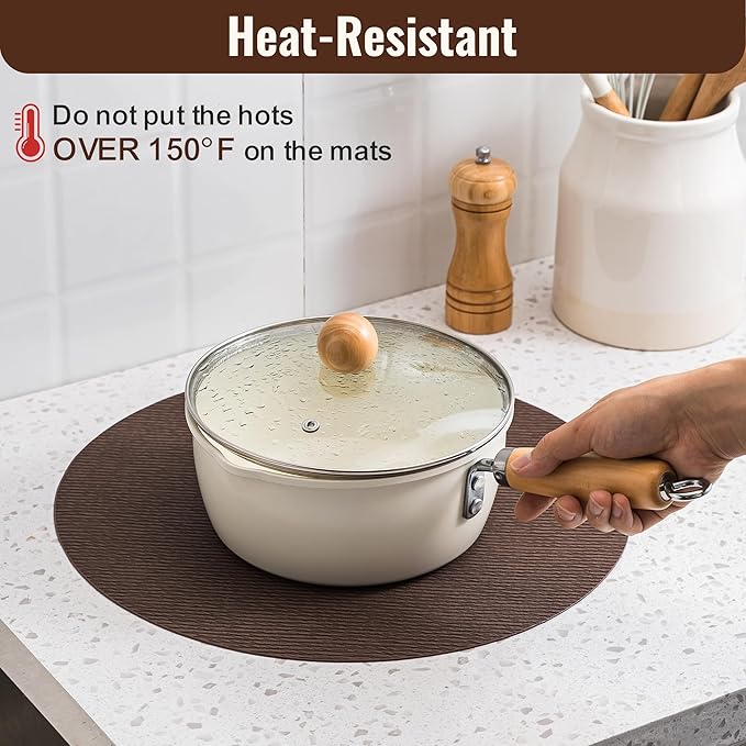 Jovono 15" Faux Leather Big Round Placemats Set of 8 - Washable Heat Resistant Non-Slip Dining Table Mats with Fabric Texture for Kitchen Home Party Decor, Coffee
