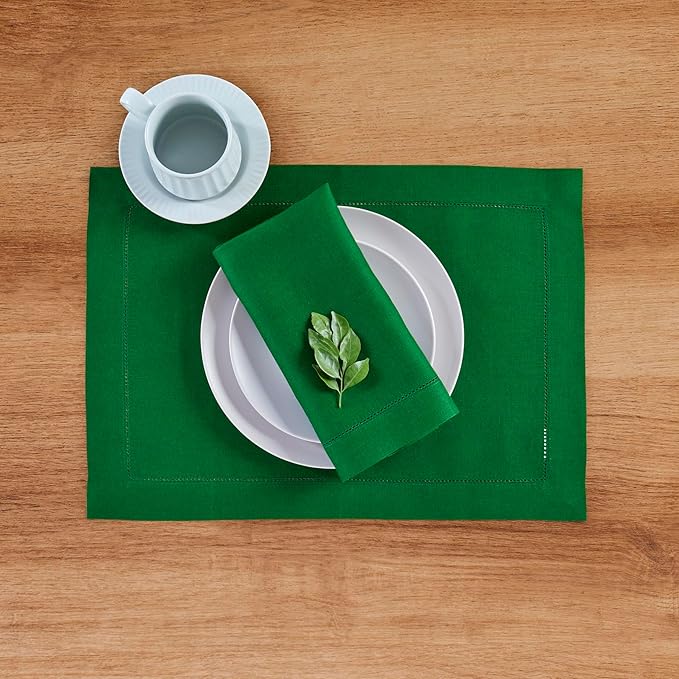 Solino Home Linen Cloth Placemats Set of 4-100% Pure Linen Hemstitch Garden Green Placemats 14 x 19 Inch - Classic Hemstitch Table Place Mats for Winter, St Patricks Day, Easter
