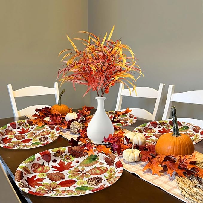 50 Pcs Fall Leaves Pumpkin Oval Plates 10" x 12" Large Disposable 400 GSM Fall Paper Plates Thanksgiving Plate for Fall Themed Party Dinnerware Supplies Thanksgiving Holiday Party Kitchen Table Decor