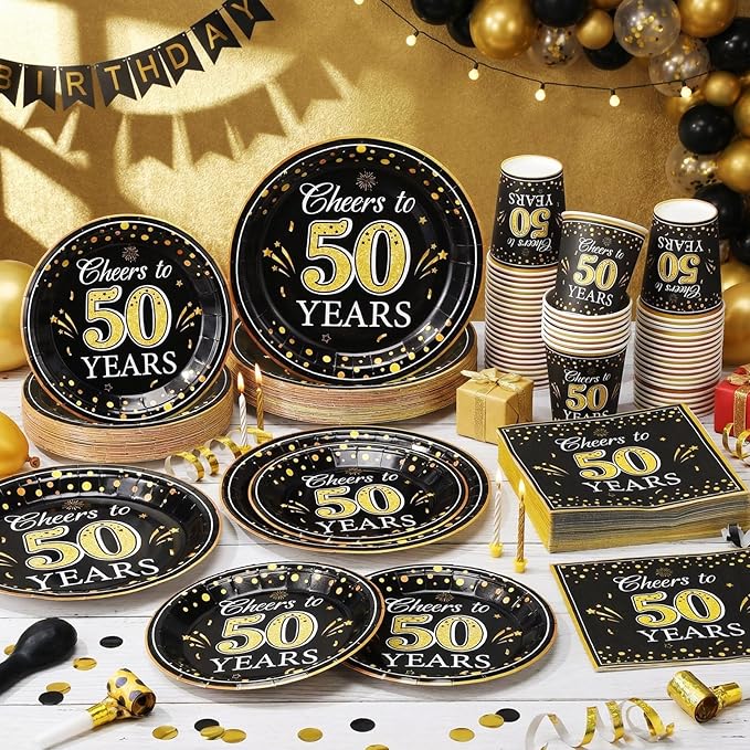 Pickmesh 250 Pcs 50th Birthday Disposable Tableware Set Black and Gold Cheers to 50 Years Disposable Paper Plates Napkins and Cups for 50th Birthday Wedding Anniversary Supplies Decorations