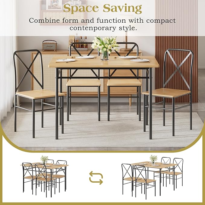 VECELO 5-Piece Kitchen Dining Table Set, Wood Tabletop & Heavy-Duty Metel Frame, Rectangle Dinette with 4 Chairs for Small Space, Breakfast Nook, Natural Black