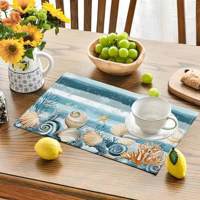 Ocean Seashell Placemats Set of 6, Beach Starfish Place Mats, Coastal Marine Life Waterproof Washable Table Mats for Home Party Indoor Kitchen Dining Table Decoration 12x18 Inch