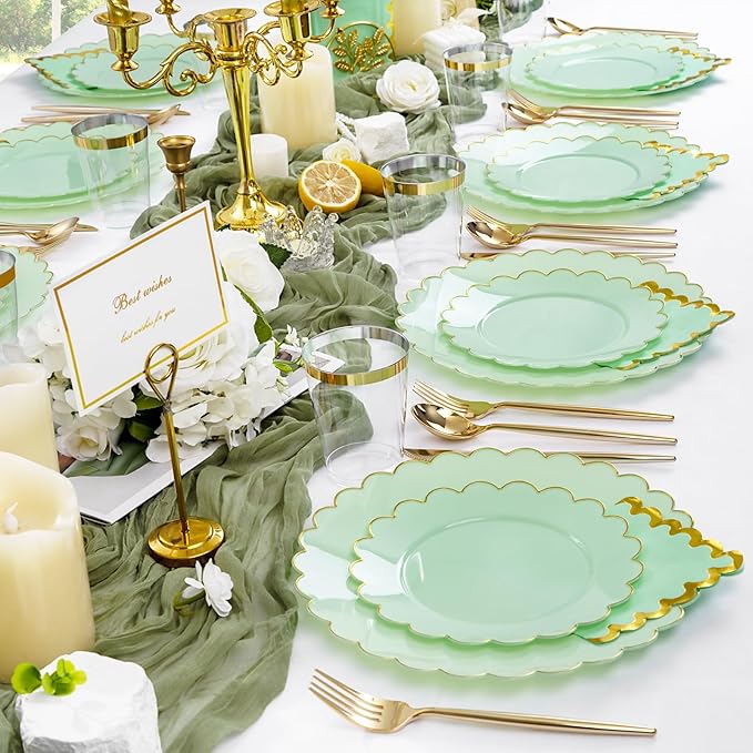 LIYH 210 Pcs Sage Green Plastic Disposable Scalloped Party Plates - Green Plates and Napkins Include Baby Shower Plate Gold Plastic Silverware for Weddings Birthday 30 Guests