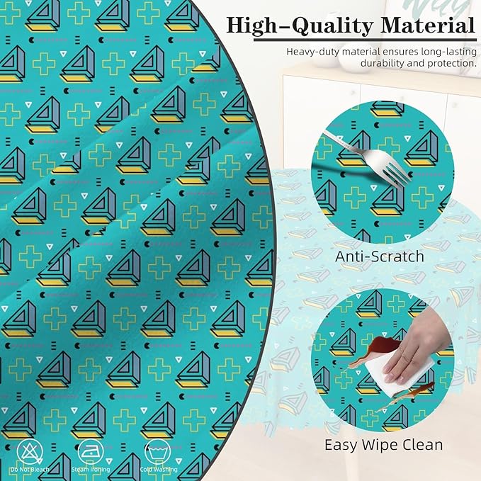 Laeacco 54 Inch Geometric Round Tablecloth Turquoise Triangle Pattern Modern Abstract Art Print Table Cloth Washable Waterproof Wrinkle Free Table Cover for Kitchen Dining Picnic Party Decoration