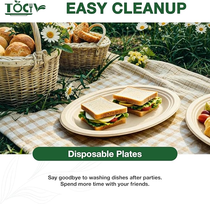100% Compostable Paper Plates Oval 12.5in 125 Count Disposable Biodegradable Heavy Duty Large Sturdy Dinner Plates Bulk for Appetizer Dessert Cake Birthday Holiday Party Supplies