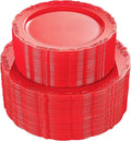 U-QE 100PCS Red Plastic Plates - Heavy Duty Valentines Plates Disposable, Red Plates Disposable Include 50PCS 10.25" Dinner Plates and 50PCS 7.5" Dessert/Salad Plates for Valentine's Day, Party