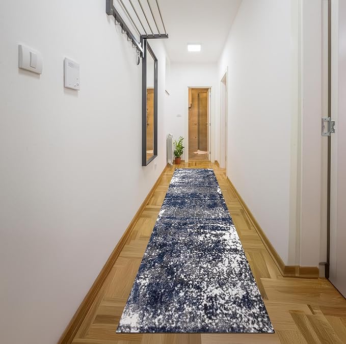 Keen Home Design Area Rugs - 2x18 Non-Shedding, Abstract Rugs for Kitchen, Living Room, Bedroom, Dining Room, Entryway - Size: 2'8" x 18', Navy/Grey/White