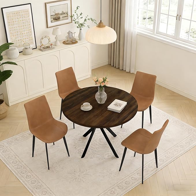 44" Round Dining Table with Chair Set for 4, Modern Mid-Century Dining Table Set of 4, Cozy Dinette Sets with Metal Leg for Kitchen Dining Room Apartment(Walnut Table + Brown Chairs)
