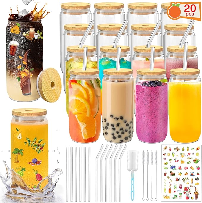Glass Cups with Lids and Straws 20 Pcs 16 oz Ice Coffee Cup Skinny and Long Can Beer Cups Set Drinking Glasses with Bamboo Lids Reusable Glass Cups Ideal for Smoothies & Beverages