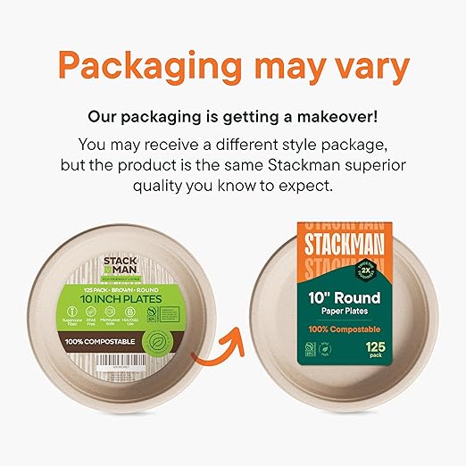 100% Compostable Paper Plates 10 Inch Bulk [500 Count] Heavy-Duty Dinner Plates - Natural Brown Color Unbleached Bagasse - Eco-Friendly Disposable Biodegradable Sugarcane Plates - [Case 4/125 Pack]