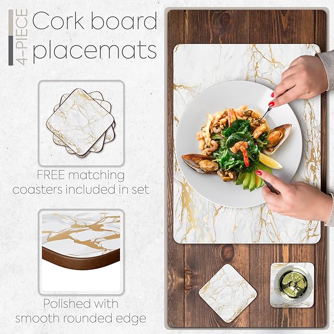 Set of 4 Heat Resistant Cork Placemats for Dining Table with Free Set of 4 Matching Drink Coasters Marble Design 16 x 12 Inches Cork Backed Hard Placemats (Foiled Gold)