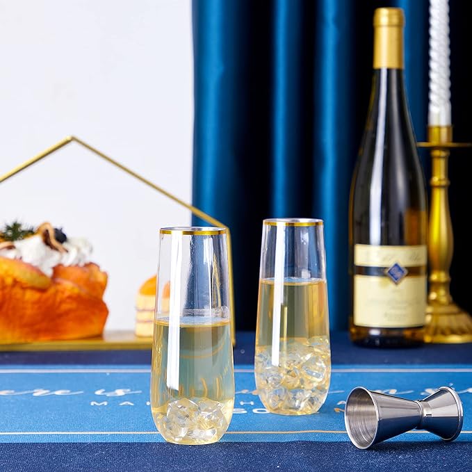 N9R 12PCS Plastic Champagne Flutes, 9 oz Stemless Disposable Gold Rim Toasting Glasses, Crystal Clear Cocktail Cups Drinkware Shatterproof Ideal for Party Wedding Birthday