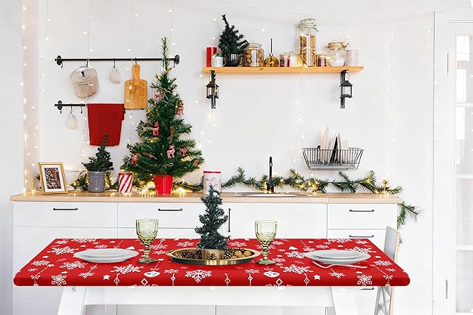 Smiry Rectangle Christmas Table Cloth, Waterproof Elastic Fitted Tablecloths for 8 Foot Tables, Washable Polyester Table Cover for Dinner (Christmas Snowflakes, 30"x96")
