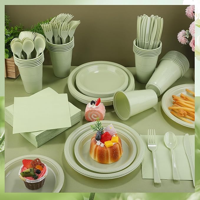 Kochorie 240 Pieces Sage Green Plastic Dinnerware Set Disposable Heavy Duty Plates Napkins Cups Silverware Dessert Dinner Plates for Birthday Wedding Baby Shower Party Supplies, Serves 30 Guests