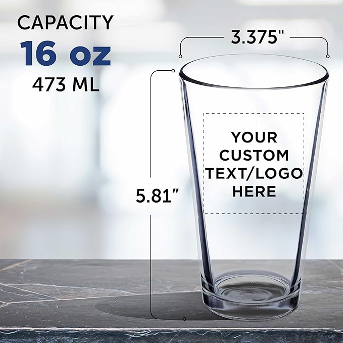 DISCOUNT PROMOS Custom Beer Pint Glasses 16 oz. Set of 10/50/100, Personalized Bulk Pack - Heavy Duty Glassware for Restaurant, Thick Base and Walls, Stackable - Clear