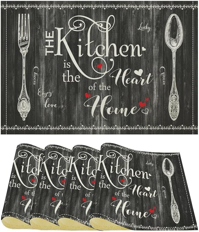 Vintage Farmhouse Placemat Set, Minimal Black White Rural Plank Art Sketch Cutlery Knife Fork Inspirational Quotes Pattern Home Decor Linen Table Mats for Dining Room Kitchen Party (17x12in) x4P