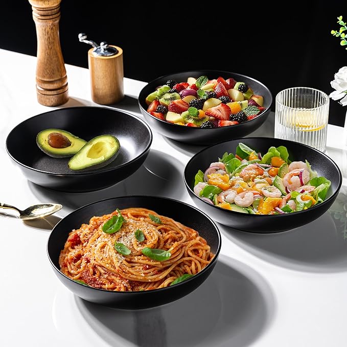 AmorArc 8.5 Inch Stoneware Pasta Bowls, 32oz Large Bowls Set of 6 for Kitchen, Wide Bowls for Pasta,Salad,Oatmeal, Microwave&Dishwasher Safe, Matte Black